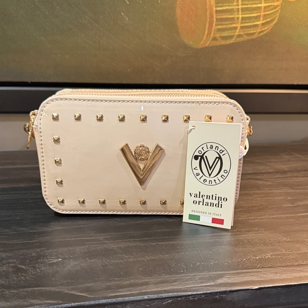 Valentino Orlandi Ivory Crossbody Bag with Gold Studs